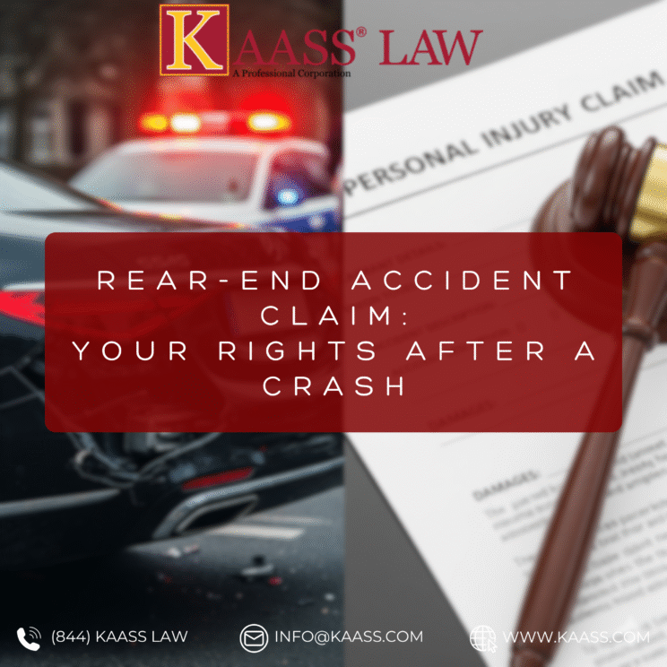 A split-screen image for a Rear-End Accident Claim, showing a crashed car and a legal document with a gavel